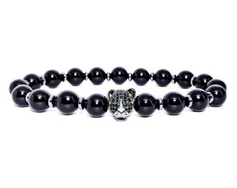 Men's EMERALD EYED TIGER Bracelet | Men Pavé Emerald Cubic Zirconia Black Stainless Steel Tiger Black Onyx Silver Hematite Gemstone Bracelet