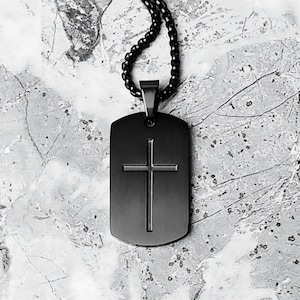 Men's CROSS DOG TAG Necklace | Men's Matte Black Stainless Steel Cross Dog Tag Pendant Box Chain Necklace