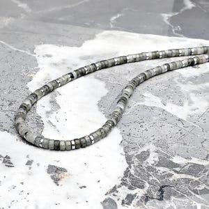 &quot;Herren &quot;SILBER & LABRADORIT&quot; Halskette | Herren Silber Labradorit Edelstein Heishi Disc Perlen Halskette | Herren Labradorit Silber Halskette