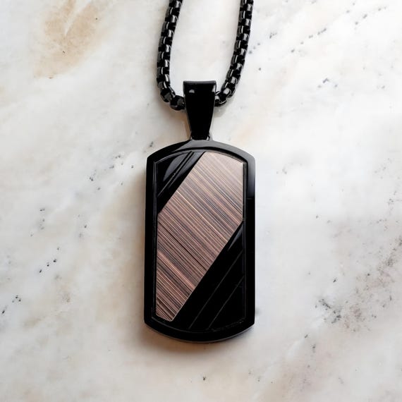 Men's BLACK WOODGRAIN TAG Necklace | Men's Black Stainless Steel Woodgrain Carbon Fiber Inlay Dog Tag Pendant Box Chain Necklace