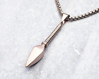 Men's ROSE GOLD SPEAR Necklace | Men Matte Rose Gold Stainless Steel Gungnir Viking Spear Pendant Box Chain Necklace