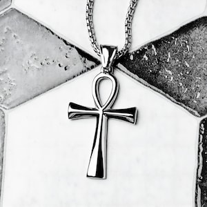 Men&#39;s SILVER SLEEK ANKH Necklace | Men&#39;s Silver Stainless Steel Ankh Pendant Box Chain Necklace