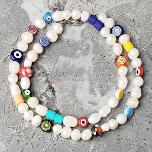 Men&#39;s &quot;MILLEFIORI & BAROQUE PEARLS&quot; Necklace| Men&#39;s Multicolored Millefiori Mushroom Evil Eye Heart Freshwater Pearls Bead Necklace