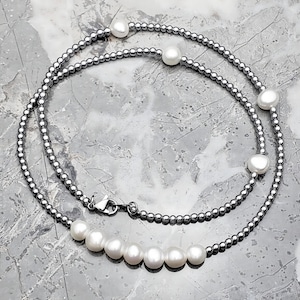 Men&#39;s &quot;SILVER & PEARLS&quot; Necklace| Men&#39;s Freshwater Pearls Necklace| Men&#39;s Silver Hematite Freshwater Pearls Beaded Necklace