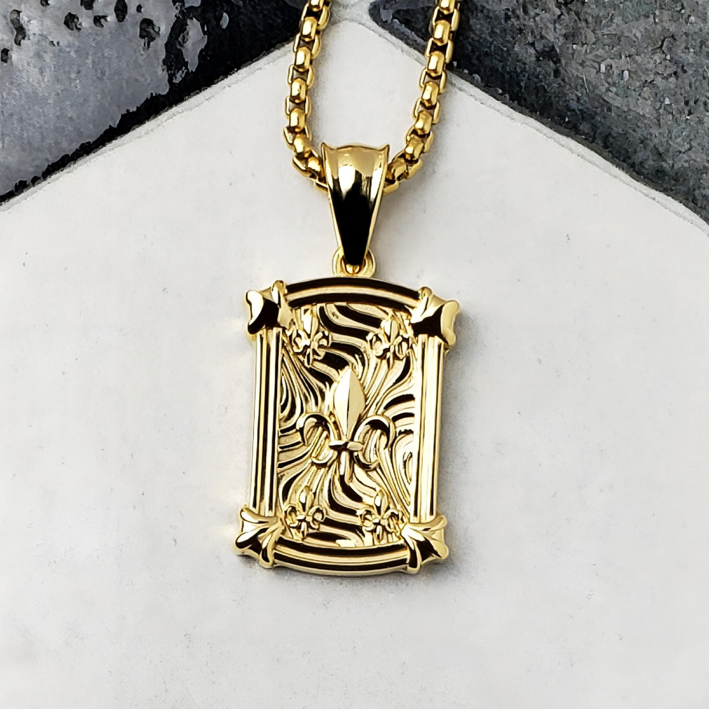 Men's FLEUR De LIS TAG Necklace Men's Gold Stainless Steel Fleur