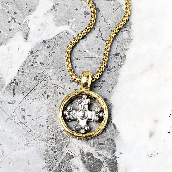 Men's RUSTIC CROSS AMULET Necklace | Men's Gold & Silver Stainless Steel Rustic Cross Coin Amulet Pendant Box Chain Necklace