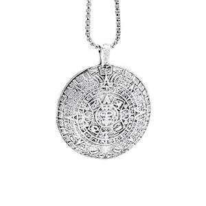 Men&#39;s &quot;AZTEC MEDALLION&quot; Necklace| Men&#39;s Oxidized Silver Pewter Aztec Sun Calendar Pendant Necklace| Men&#39;s Silver Box Chain Necklace