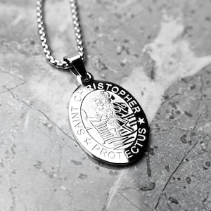 Men&#39;s &quot;SAINT CHRISTOPHER MEDALLION&quot; Necklace| Men&#39;s Silver Stainless Steel Saint Christopher Medallion Pendant Necklace| Mens Chain Necklace