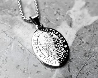Men's SAINT CHRISTOPHER MEDALLION Necklace | Men's Silver Stainless Steel Saint Christopher Medallion Pendant Box Chain Necklace