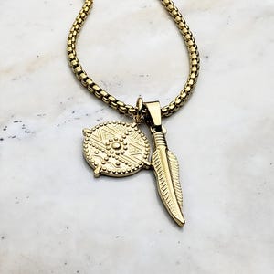 Men&#39;s &quot;TRIBAL SHIELD & FEATHER&quot; Necklace| Men&#39;s Gold Stainless Steel Tribal Shield Feather Pendant Necklace| Men&#39;s Gold Box Chain Necklace