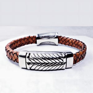 Men&#39;s &quot;CHEVRON LEATHER&quot; Bracelet| Men&#39;s Cognac Brown Braided Italian Leather Bracelet| Men&#39;s Silver Stainless Steel Magnetic Clasp Bracelet