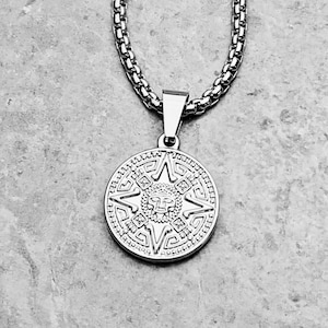 Men&#39;s &quot;AZTEC CALENDAR MEDALLION&quot; Necklace| Men&#39;s Silver Stainless Steel Aztec Calendar Coin Pendant Necklace| Men&#39;s Box Chain Necklace