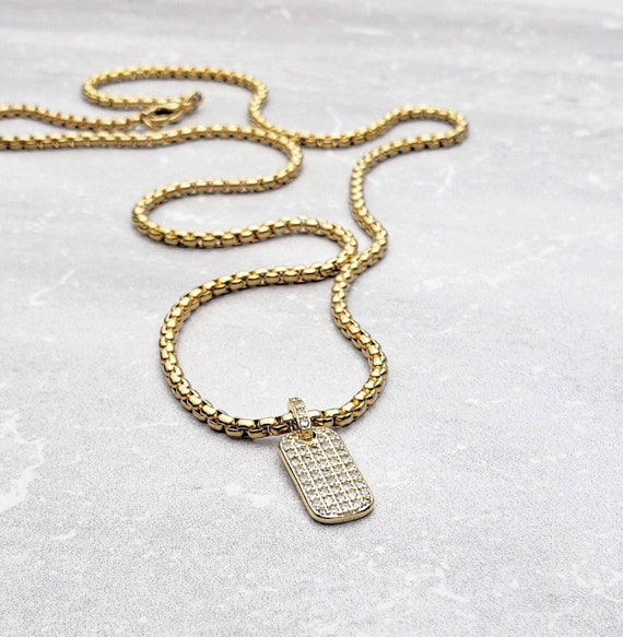 Men's Pavé Dog Tag Necklace| Men's Pavé Cubic Zirconia Gold Stainless Steel Dog Tag Pendant Necklace| Men's Gold Box Chain Necklace