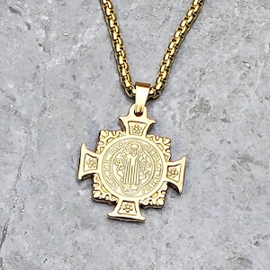 Men&#39;s &quot;SAINT BENEDICT CROSS&quot; Necklace| Men&#39;s Gold Stainless Steel Saint Benedict Cross Pendant Necklace| Men Gold Box Chain Necklace
