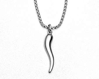 Men's "SILVER CORNICELLO" Necklace| Men's Silver Stainless Steel Italian Cornicello Pendant Necklace| Men's Silver Box Chain Necklace