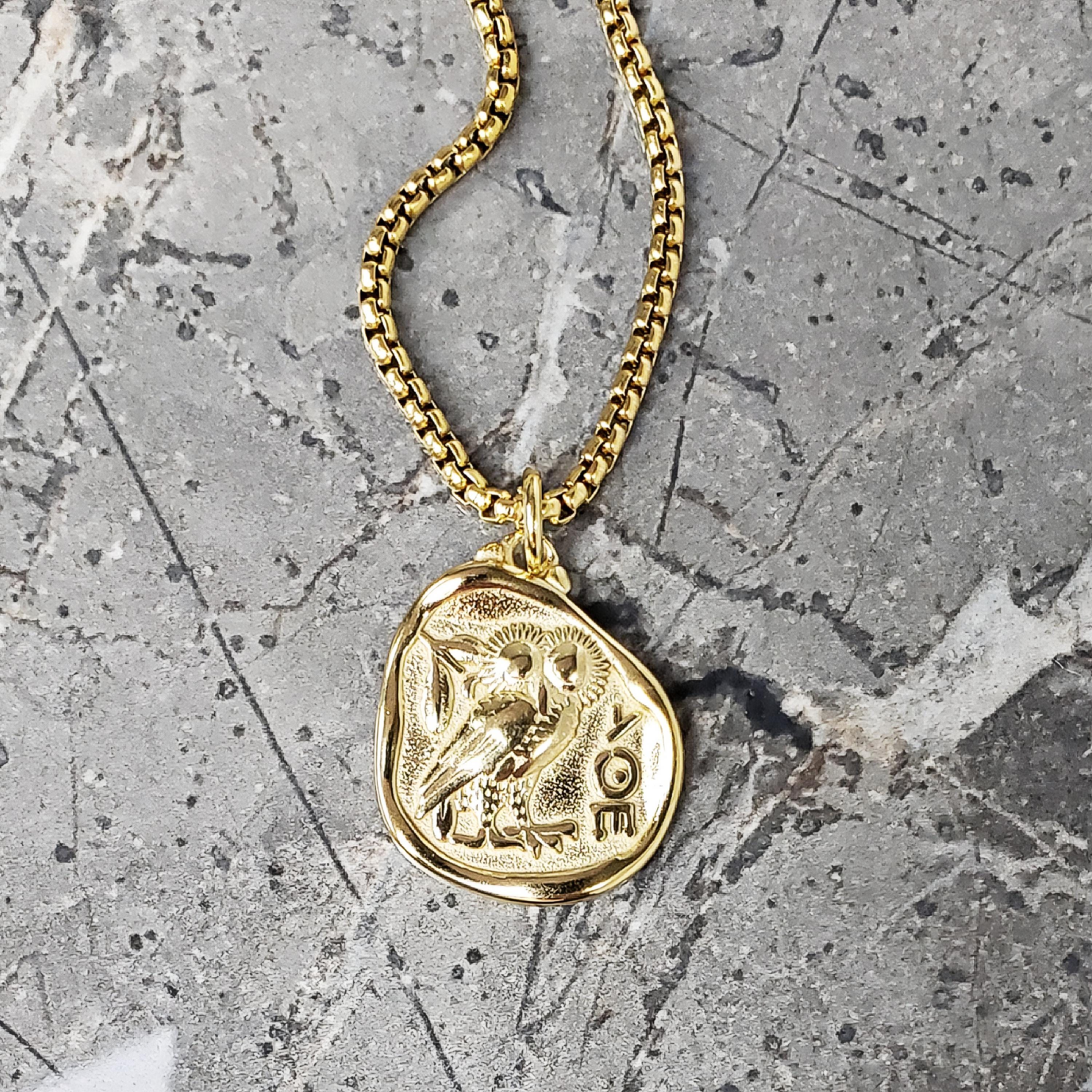 Men's "GOLD ATHENIAN OWL" Necklace| Men's Gold Stainless Steel Athenian Owl Coin P