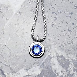 Men&#39;s &quot;SILVER SAPPHIRE COIN&quot; Necklace| Men&#39;s Silver Stainless Steel Mini Sapphire Coin Pendant Necklace| Men&#39;s September Birthstone Necklace