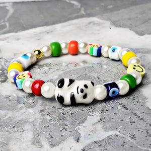 Men&#39;s &quot;PANDA & PEARLS&quot; Bracelet| Men&#39;s Ivory Pearls Multicolor Millefiori Evil Eye Panda Smiley Face Bead Bracelet| Men&#39;s Pearl Bracelet