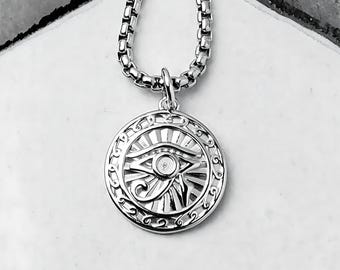 Men's EYE OF PROTECTION Necklace | Men's Silver Stainless Steel Eye of Horus Coin Pendant Box Chain Necklace