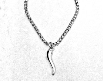 Men's "SILVER STEEL CORNICELLO" Necklace| Men's Silver Stainless Steel Italian Cornicello Pendant Necklace| Men's Silver Box Chain Necklace