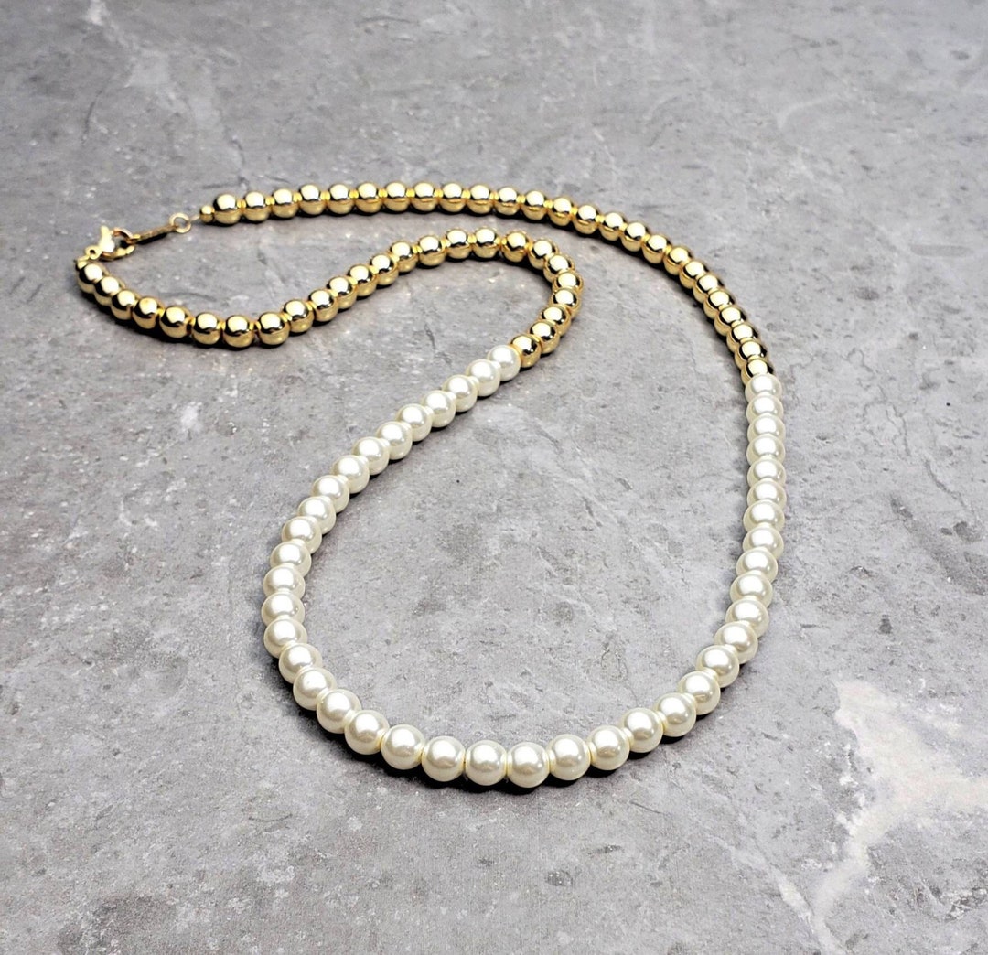 Men\'s gold & Pearl Necklace Men\'s Gold Hematite Ivory Shell Pearls Gemstone  Necklace Men\'s Gold Ivory Pearl Beaded Necklace - Etsy Denmark