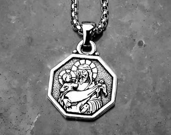 Men's SAINT CHRISTOPHER AMULET Necklace | Men's Silver Stainless Steel Saint Christopher Amulet Pendant Box Chain Necklace