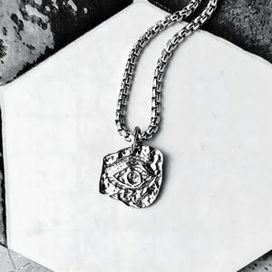 Men&#39;s &quot;EVIL EYE ARTIFACT&quot; Necklace| Men&#39;s Silver Stainless Steel Hammered Evil Eye Artifact Pendant Necklace| Men&#39;s Box Chain Necklace