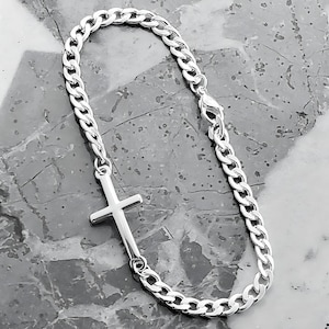Men&#39;s &quot;PLATINUM CROSS CHAIN&quot; Bracelet| Men&#39;s Platinum Silver Stainless Steel Cross Curb Chain Bracelet| Men&#39;s Layering Cross Chain Bracelet