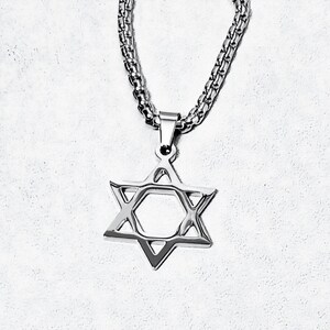 Men&#39;s &quot;SILVER STAR of DAVID&quot; Necklace| Men&#39;s Silver Stainless Steel Star of David Pendant Necklace| Mens Stainless Steel Box Chain Necklace