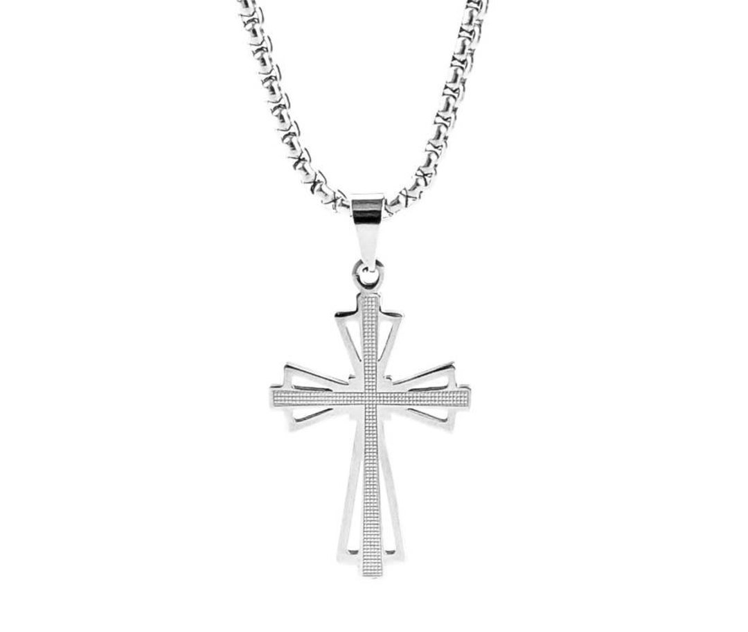 Mens Polished Stainless Steel Silver Cross Pendant Necklace 22+2 Inches Chain