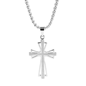 Men&#39;s &quot;SILVER STEEL CROSS&quot; Necklace| Men&#39;s Silver Stainless Steel Cross Pendant Necklace| Men&#39;s Silver Stainless Steel Box Chain Necklace