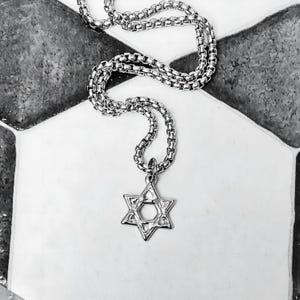Men&#39;s &quot;RUSTIC STAR of DAVID&quot; Necklace| Men&#39;s Silver Stainless Steel Star of David Pendant Necklace| Mens Stainless Steel Box Chain Necklace
