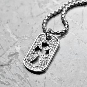 Men&#39;s &quot;PAVÉ CROSS TAG&quot; Necklace| Men&#39;s Pavé Cubic Zirconia Silver Stainless Steel Cross Dog Tag Pendant Necklace| Men Cross Dog Tag
