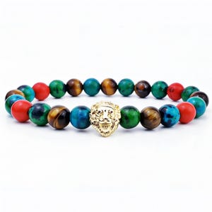 Men&#39;s &quot;MYKONOS LION&quot; Bracelet| Men&#39;s Gold Pave Cubic Zirconia Lion Bracelet| Men&#39;s Tiger Eye Red Jade Chrysocolla Gemstone Bracelet