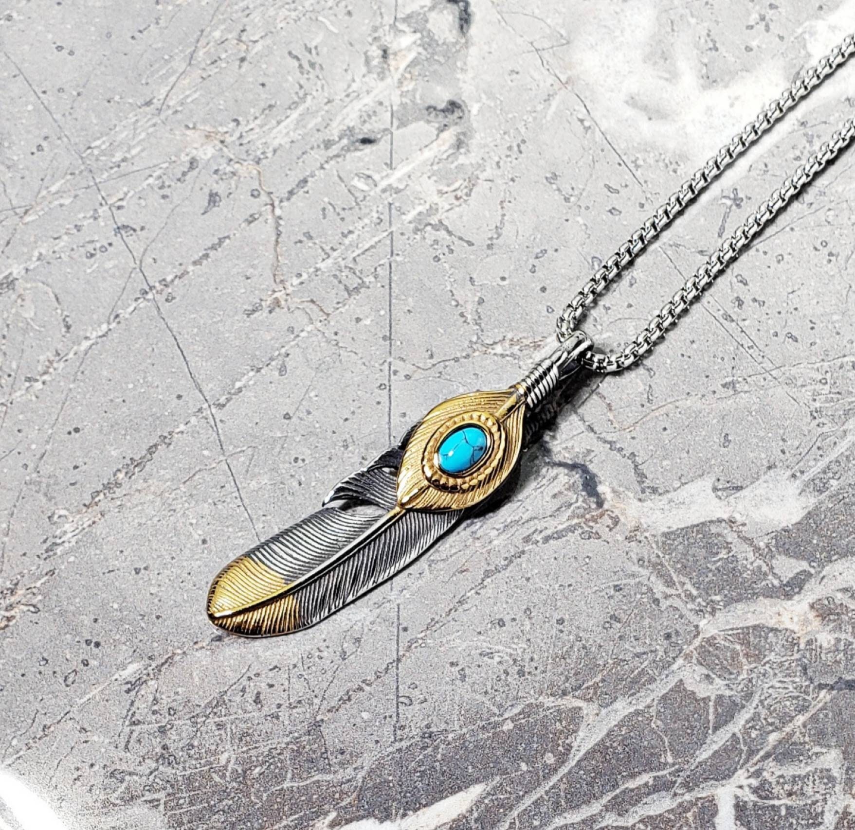 Men s tribal TURQUOISE Feather Necklace Men s Silver Gold
