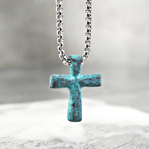 Men's MYKONOS CROSS Necklace | Men's Turquoise Mykonos Ceramic Raku Cross Pendant Necklace