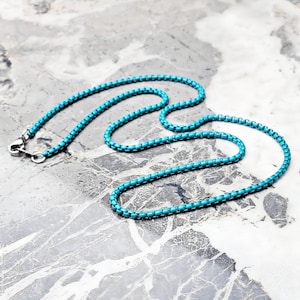 Men&#39;s &quot;TURQUOISE BOX CHAIN&quot; Necklace| Men&#39;s Dark Turquoise Stainless Steel Box Chain Necklace| Men Dark Turquoise Box Chain Necklace