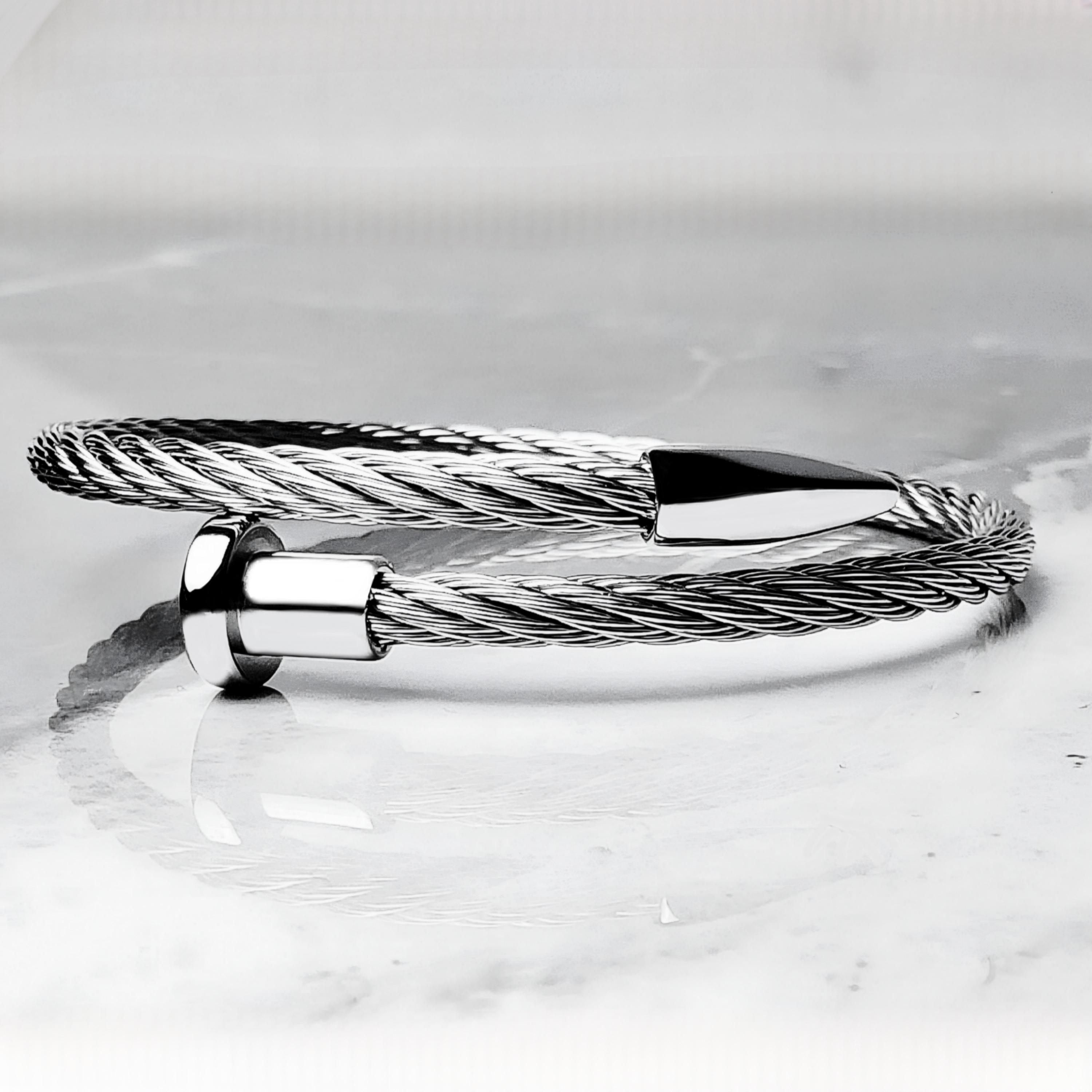 Fashion Silver Stainless Steel Cable Wire Cuff Bracelet - Men's & Women's Bangle