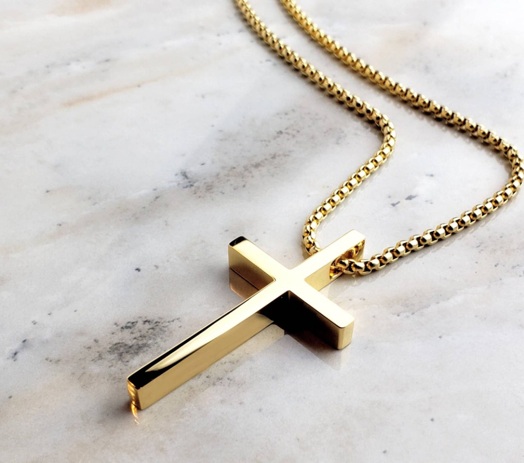 Men s sleek GOLD Cross Necklace men s Gold Stainless Steel Cross Pendant Necklace Men Gold Stainless Steel Box Chain Cross Necklace Etsy