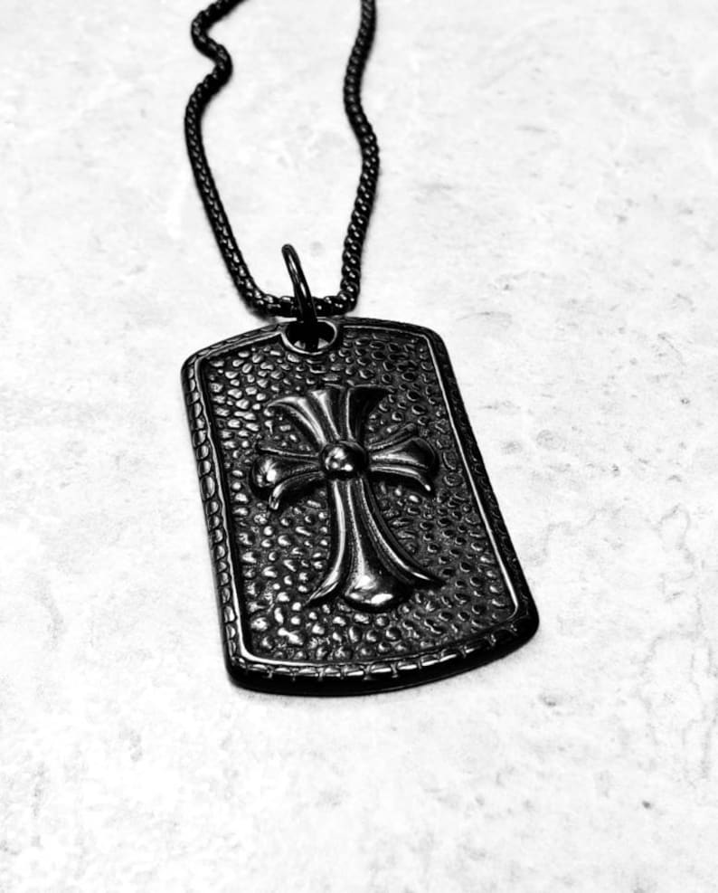 Men's cross DOG Tag Necklace Men's Black Etsy