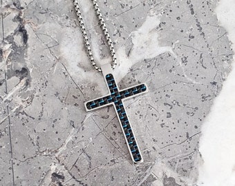 Men's SAPPHIRE CARBON CROSS Necklace Men's Sapphire Blue Black