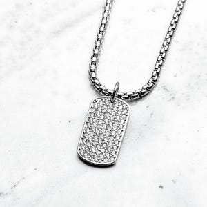 Men&#39;s &quot;PAVÉ DOG TAG&quot; Necklace| Men&#39;s Pavé Cubic Zirconia Silver Stainless Steel Mini Dog Tag Pendant Necklace| Men Silver Box Chain Necklace