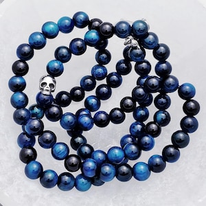 Men&#39;s &quot;SKULL & BLUE ROCK&quot; Necklace| Men&#39;s Silver Skull Marine Blue Tiger Eye Gemstone Beaded Necklace| Men&#39;s Silver Skull Beaded Necklace