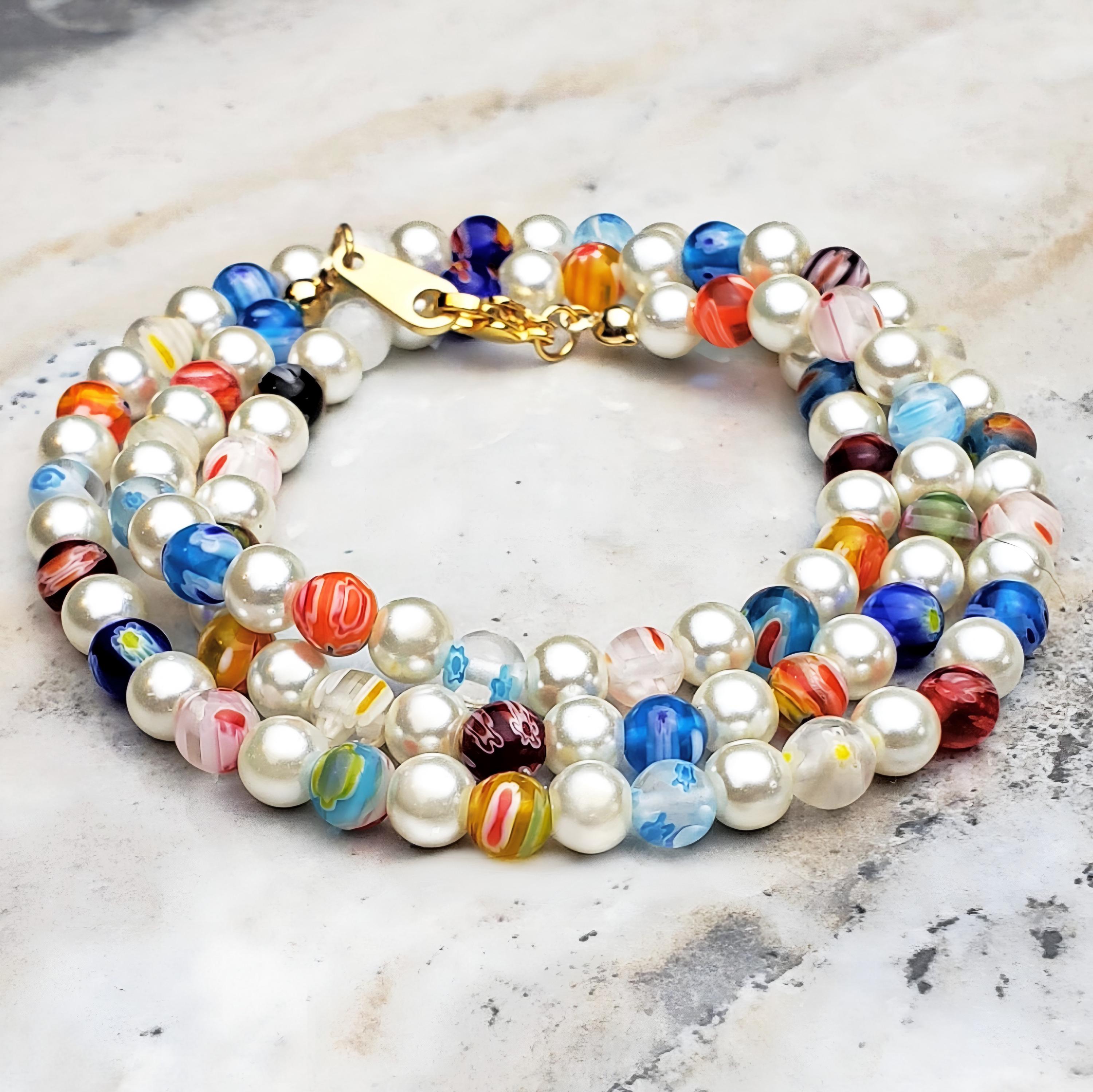 HOBBIESAY 150 perline millefiori in vetro lavorato a lume, 7-9 mm, a forma di fiore, piatte e rotonde, perline distanziatrici in vetro misto, per