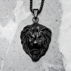 Men&#39;s &quot;BLACK LUX LION&quot; Pendant Necklace| Men&#39;s Black Stainless Steel Lion Pendant Necklace| Men&#39;s Black Stainless Steel Box Chain Necklace