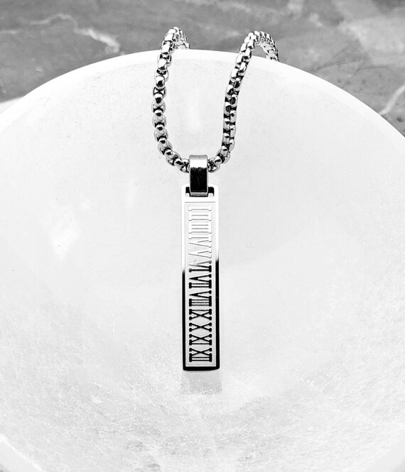 Men s roman NUMERALS Bar Necklace Men s Silver Stainless Steel