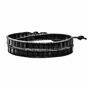 Men's BLACK TILE WRAP Bracelet | Men's Matte Black Hematite Tile Gemstone Black Leather Double Wrap Bracelet