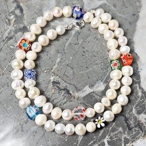 Men&#39;s &quot;PEARLS & MILLEFIORI&quot; Necklace| Men&#39;s Freshwater Pearls Multicolor Millefiori Beaded Necklace| Men Freshwater Pearl Beaded Necklace
