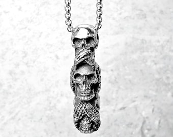Collar de tres calaveras para hombre / Collar de cadena con colgante de tres calaveras de acero inoxidable y plata para hombre
