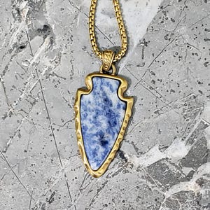Men&#39;s &quot;SODALITE TRIBAL ARROWHEAD&quot; Necklace| Men&#39;s Gold Stainless Steel Sodalite Gemstone Tribal Arrowhead Pendant Necklace| Men Gold Chain